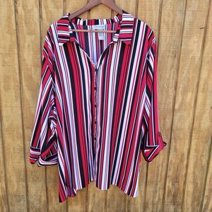 Catherine's Red Black White Striped Roll Tab Sleeve Blouse Womens Size 4X